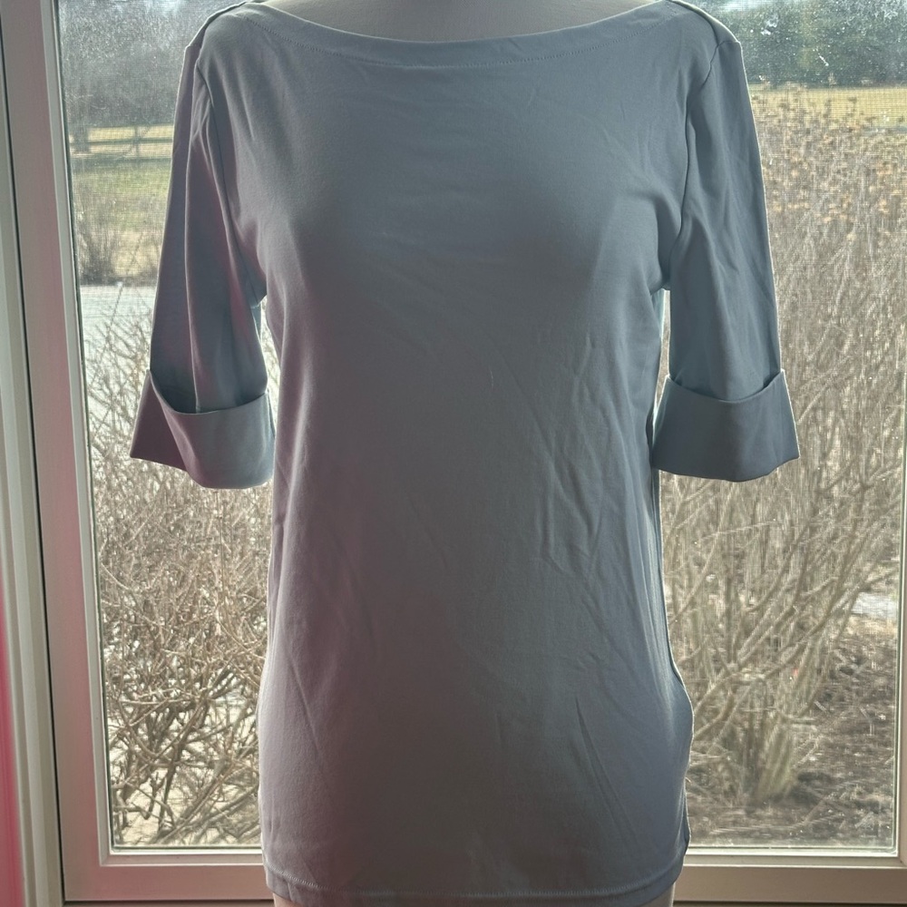 Lauren Ralph Lauren Aqua Pearl Judy Stretch Cotton Boat Neck T-Shirt - Picture 3 of 7